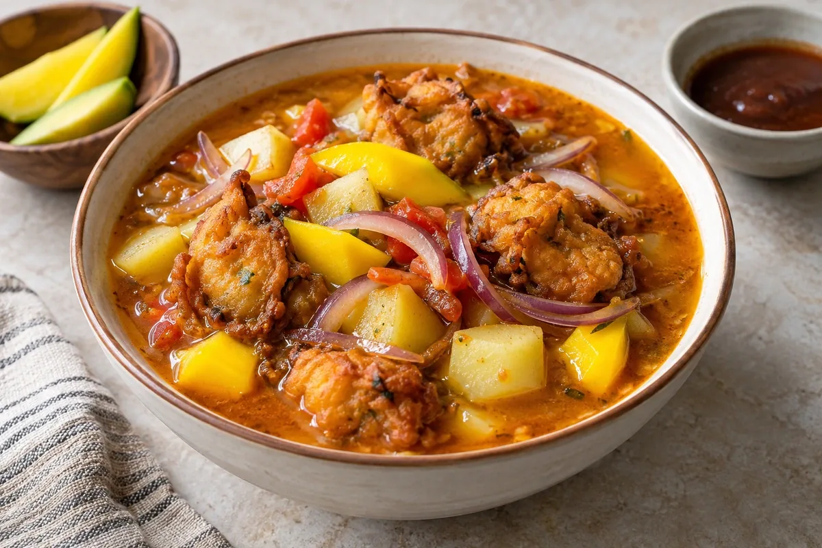 Urojo broth with potatoes, fritters and mango