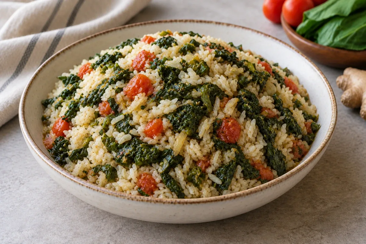 Cooked rice with leafy greens, tomato and ginger