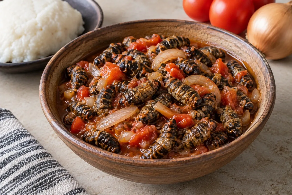 Cooked caterpillars with tomato and onion, served beside nshima