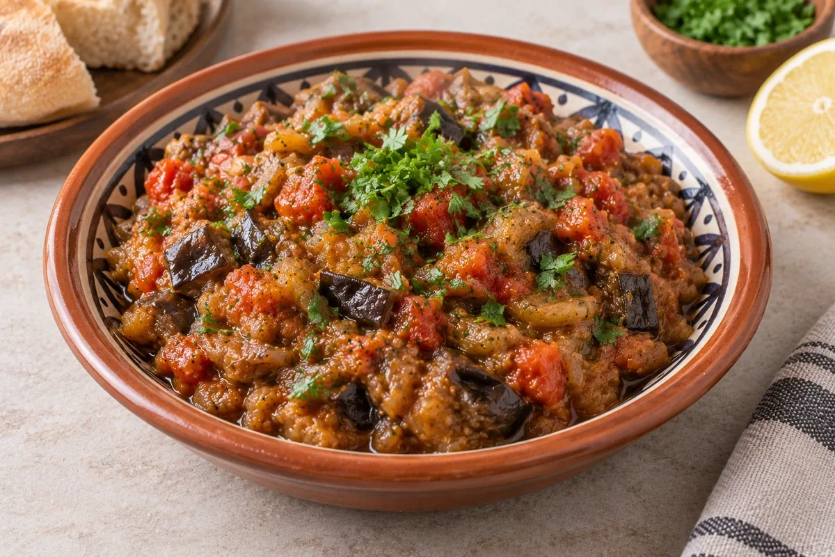 Cooked eggplant and tomato salad with herbs