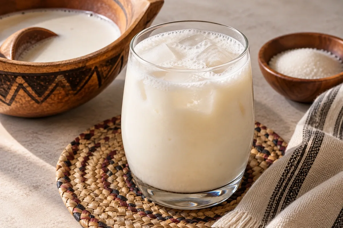 A glass of lightly frothy chilled milk drink