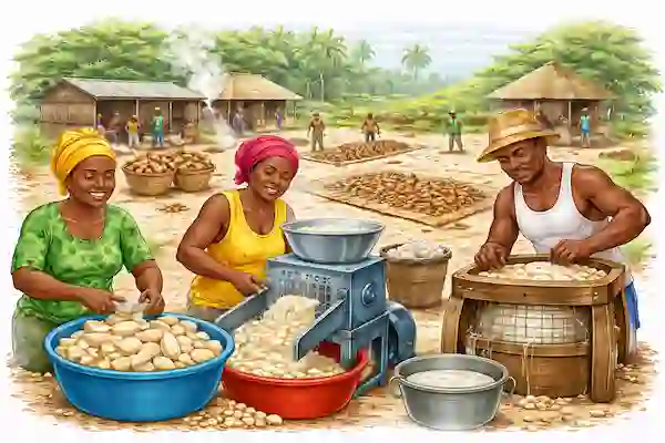 Illustration de l’outil agricole : Transformation du manioc
