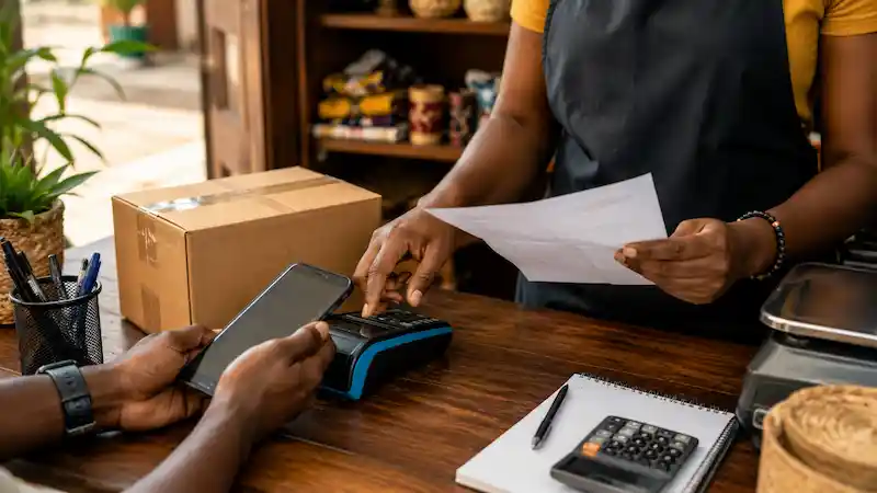 Parcel and paperwork at a small-business counter