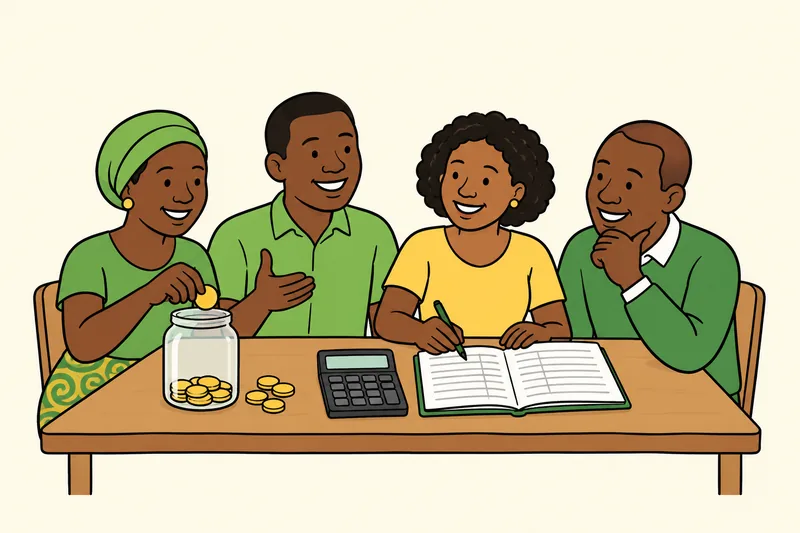 Mchoro wa wanakikundi wakipanga michango kwa daftari, kikokotoo na chupa ya akiba.